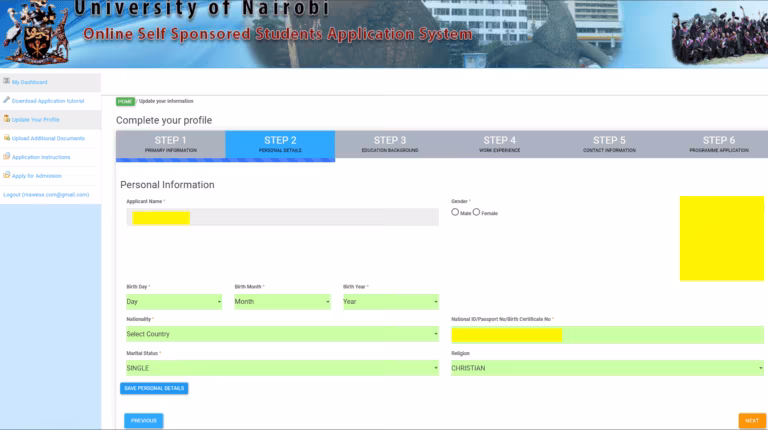 A view of the UoN Online Application Portal, photo by Joseph Richard