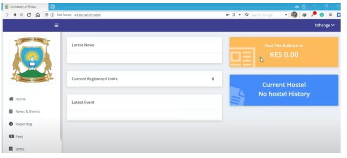 Embu Uni Student Portal Dashboard