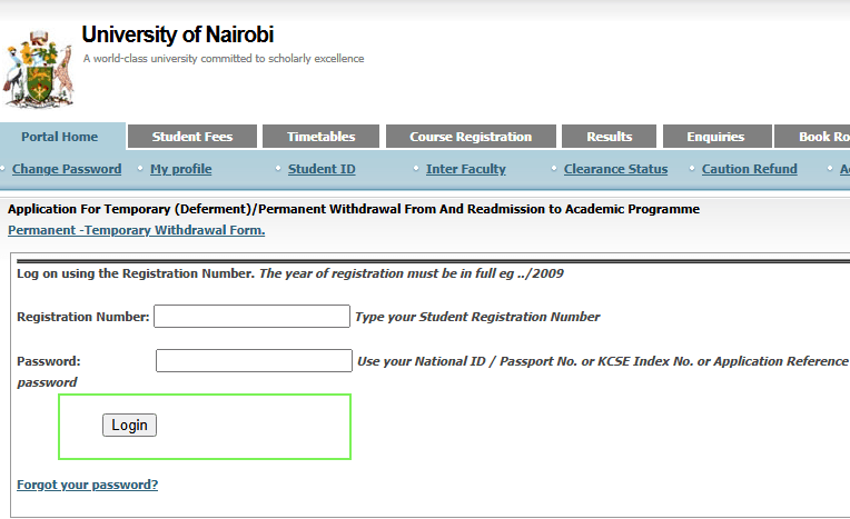The University of Nairobi student portal login page