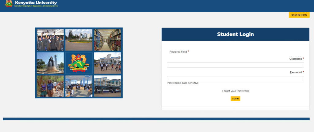 A screenshot of the Kenyatta University student portal login page
